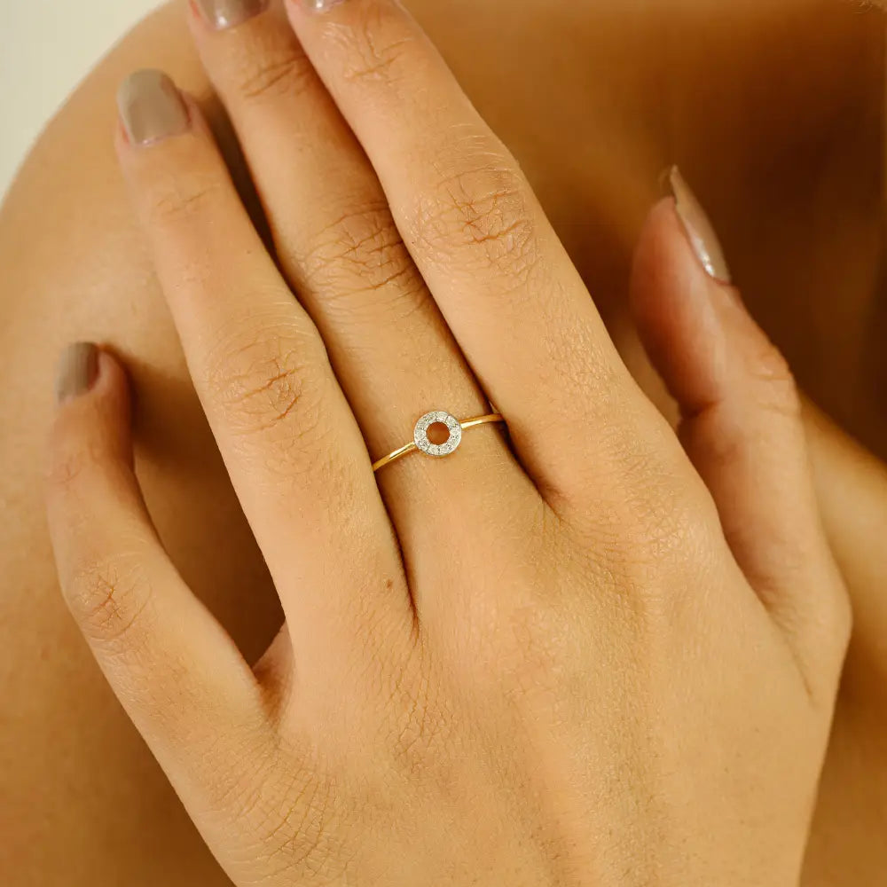 Delicate Minimalist Real Diamond 14K Pure Yellow Gold Open Halo Circle Ring Daily Wear Jewelry