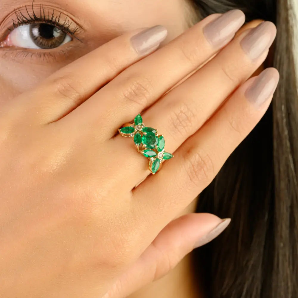 New Designer Flower Ring Featuring Emerald & Diamond Wedding Jewelry 14K Yellow Gold