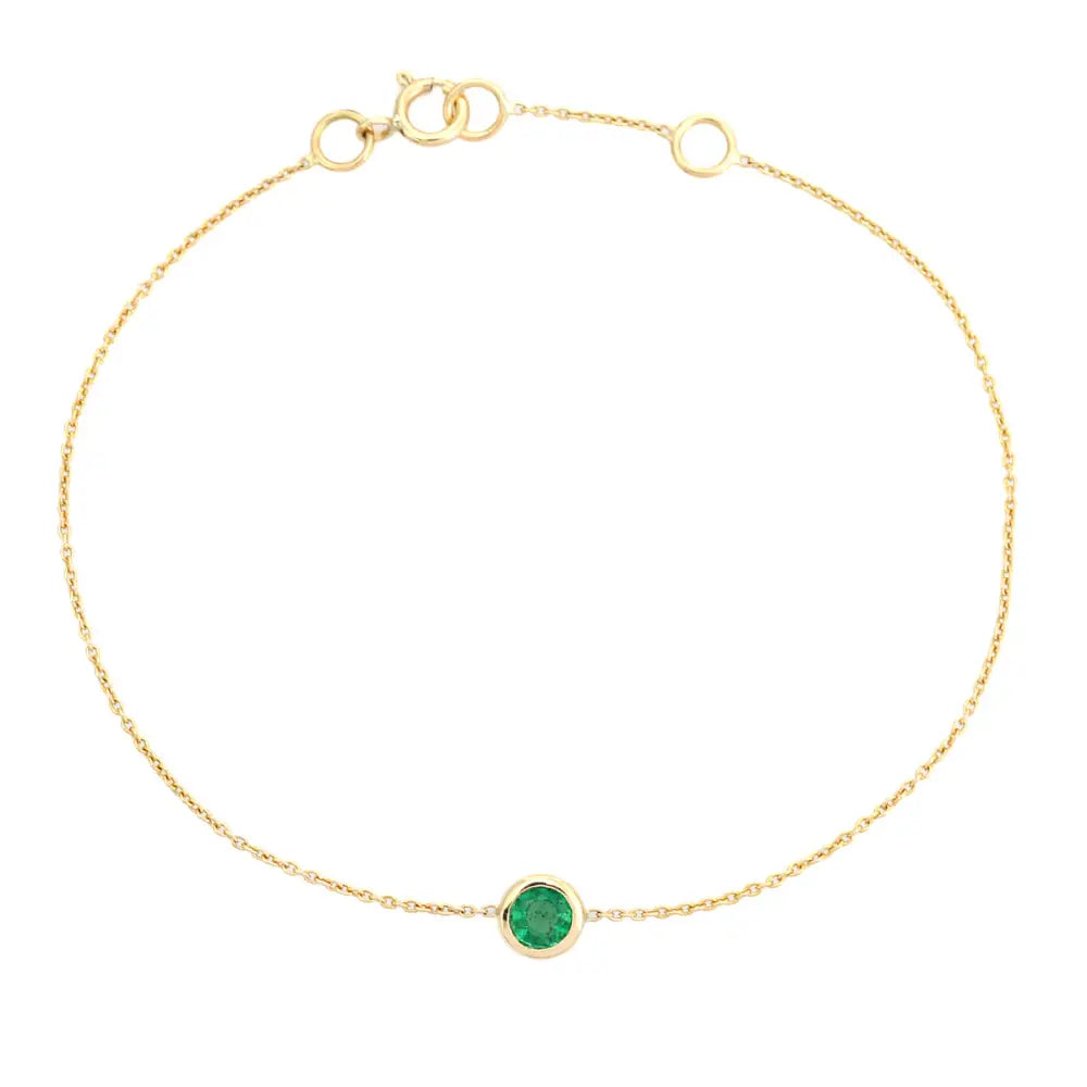 K14 Yellow Solid Gold Minimalist Round Cut Emerald Single Stone Bracelet Stacking Jewelry
