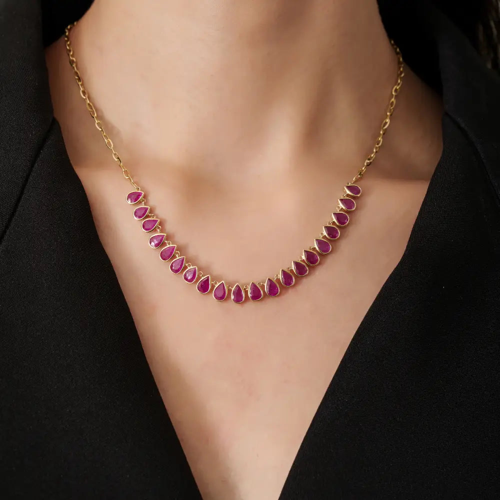 July Birthstone Genuine Ruby Paperclip Chain Half Tennis Necklace 14K Solid Yellow Gold Jewelry