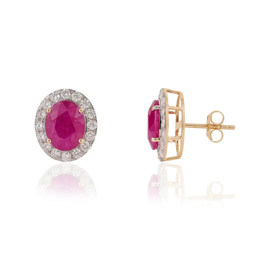 Latest New Arrivals K18 Yellow Gold Ruby & Diamond Halo Statement Stud Earrings For Women's