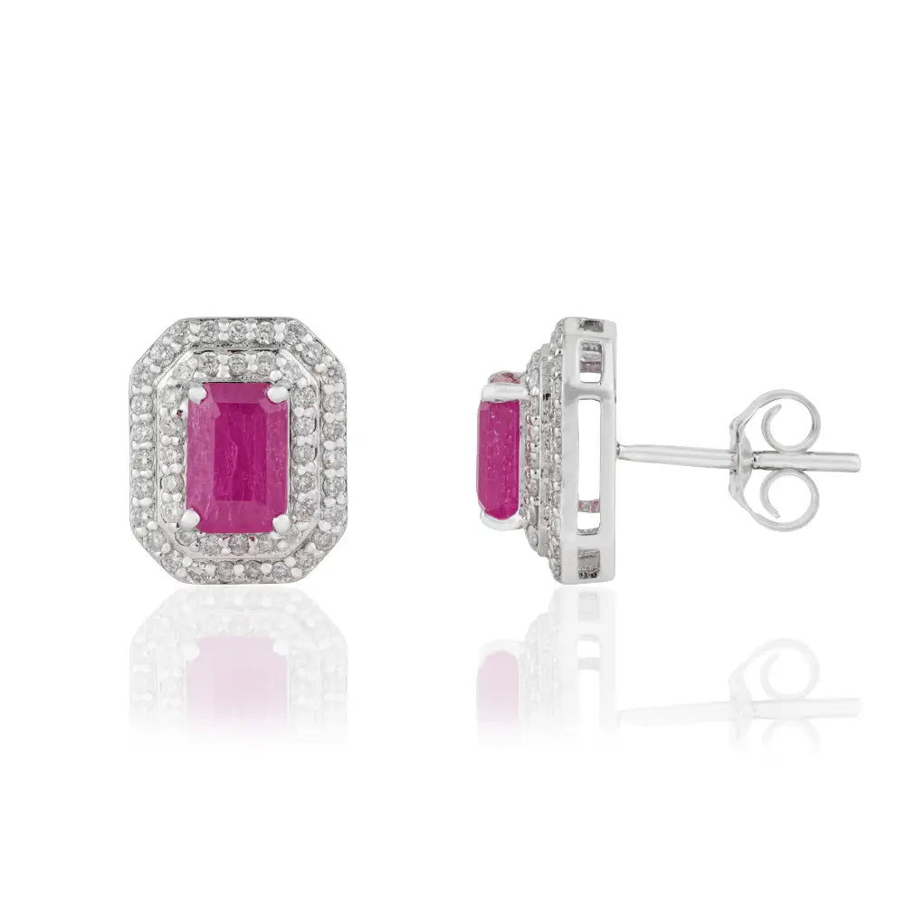 100% Authentic Ruby & Diamond Solid K14 White Gold Double Cluster Stud Earrings Gift For Mom