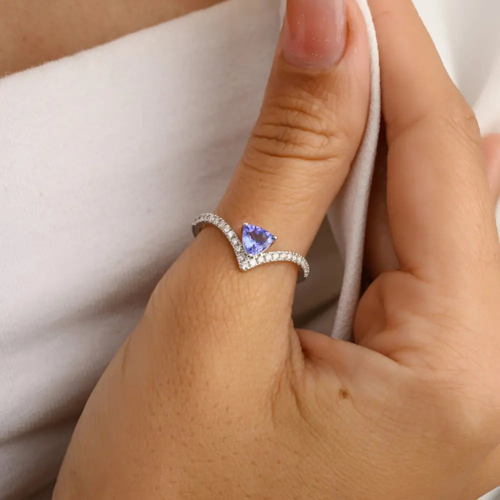 New Arrivals Natural Tanzanite & Diamond Solid K14 White Gold Chevron Ring