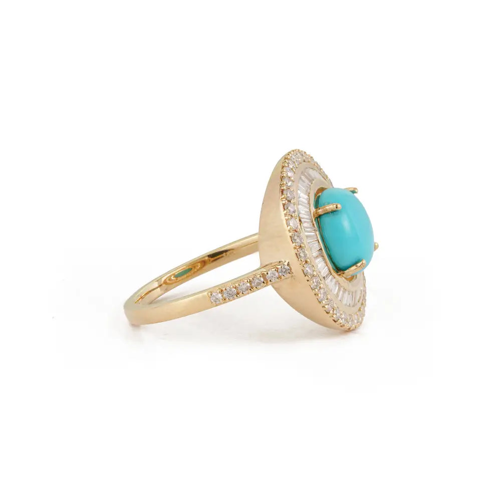 Round Cut Turquoise & Diamond Double Cluster Statement Ring December Birthstone 14K Gold