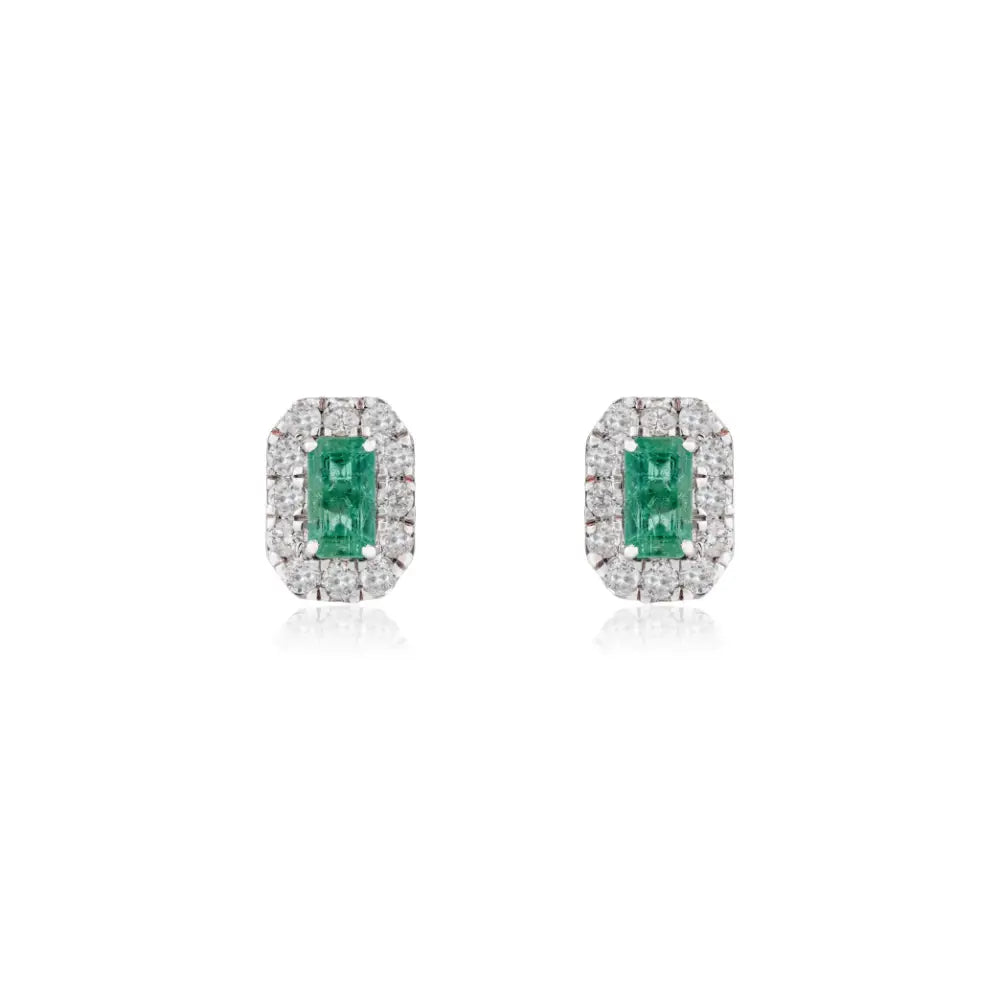 Dainty Small Emerald & Diamond Halo Stud Earrings Handmade 14K Pure White Gold Jewelry