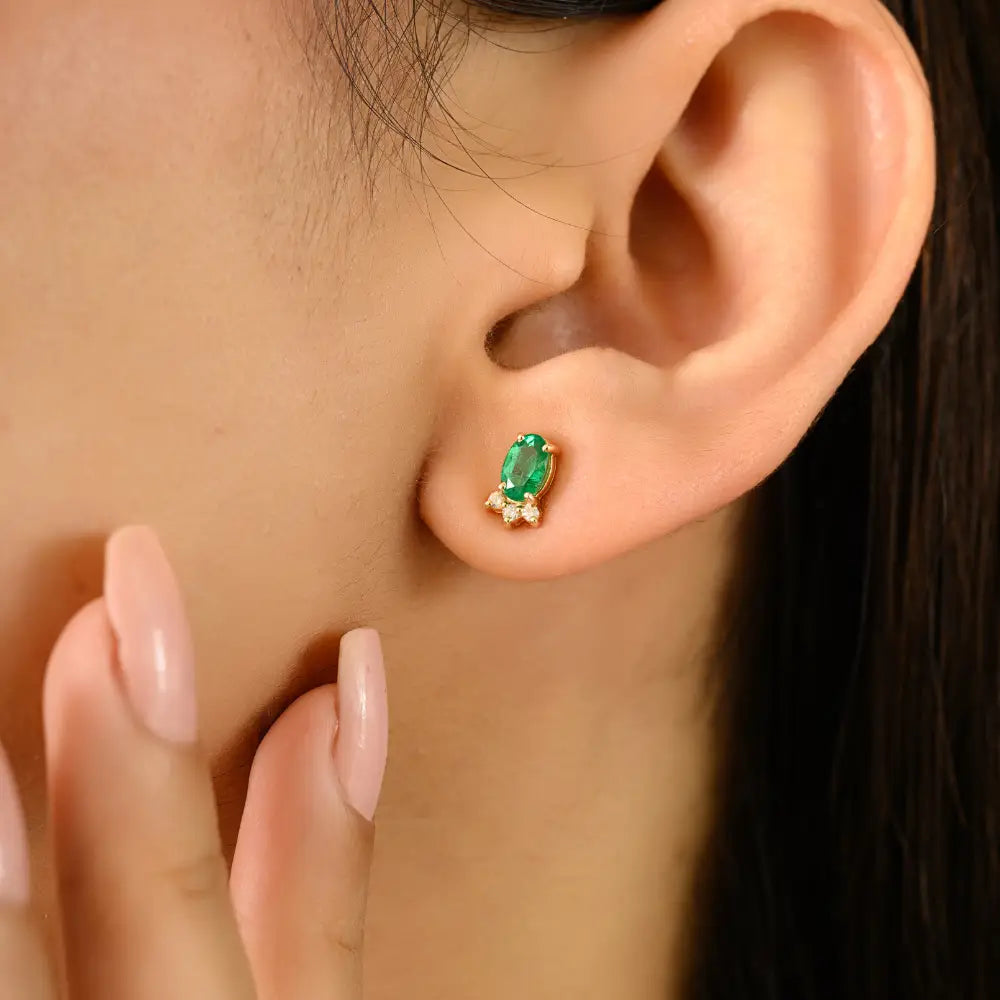 Minimalist Oval Emerald & Round Diamond 14K Yellow Gold Small Stud Earrings Daily Wear Jewelry