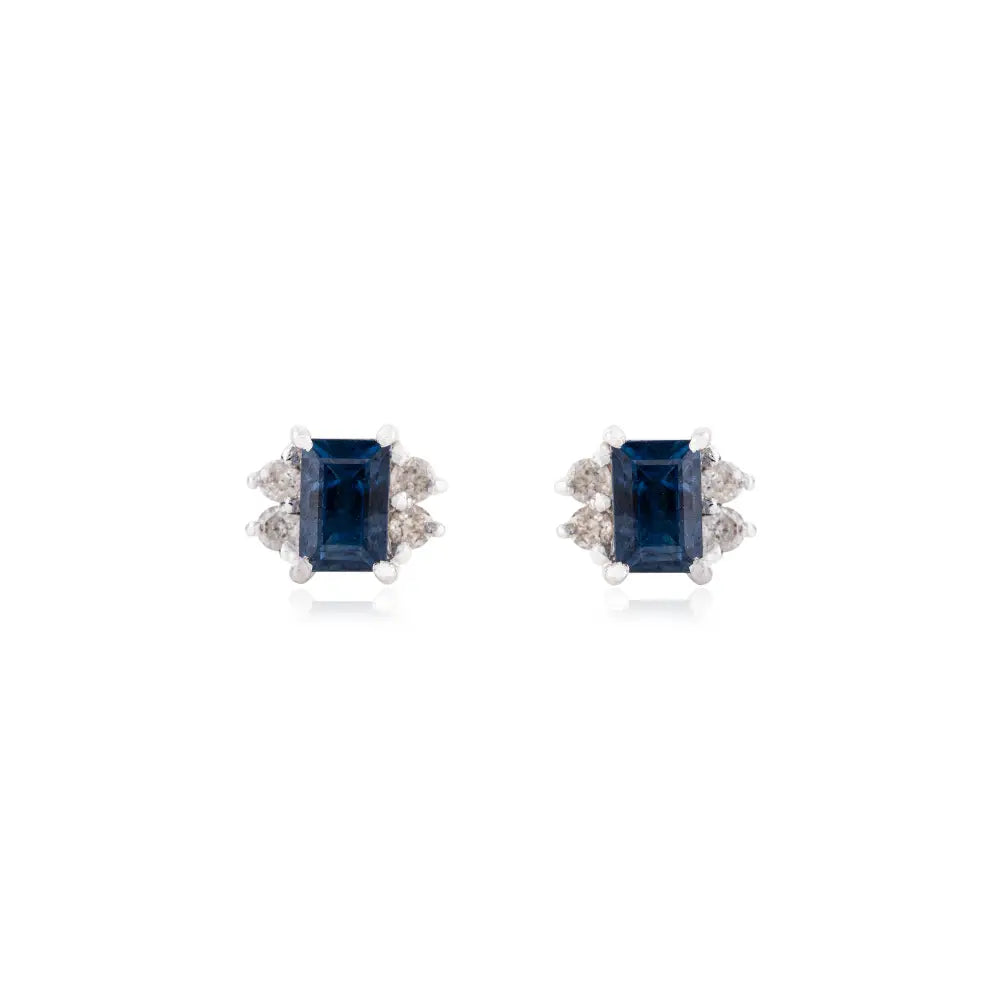 Delicate Blue Sapphire & Diamond 14K White Gold Minimal Stud Earrings Graduation Gift