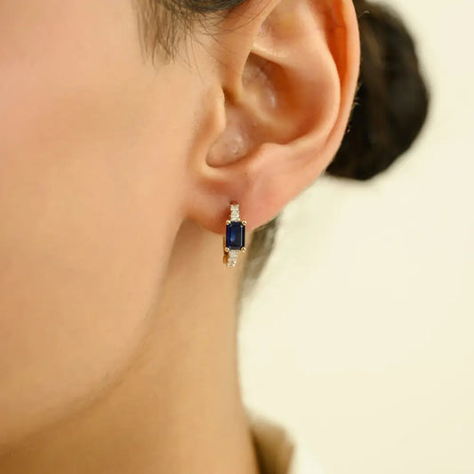 Real K14 Yellow Gold Blue Sapphire & Diamond Minimal Hoop Earrings Handmade Jewelry