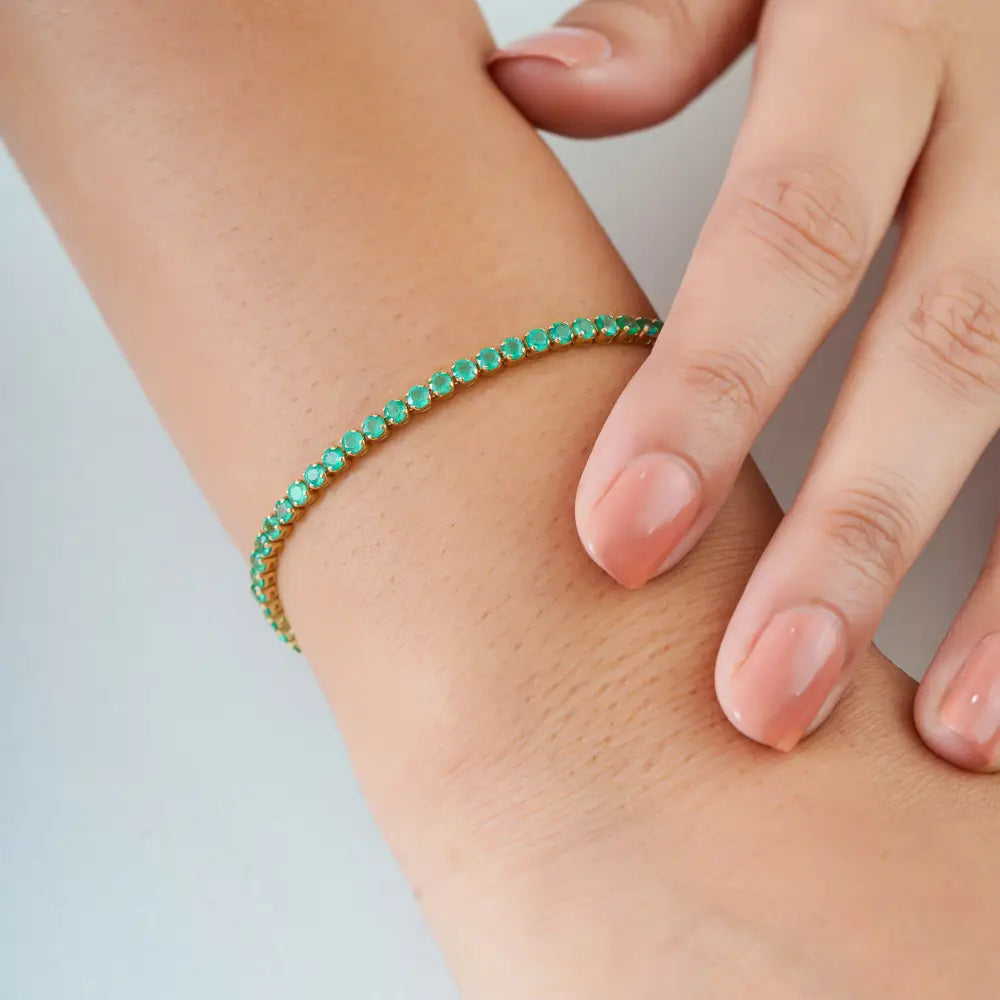 May Birthstone Pure 14K Yellow Gold Real Emerald Box Lock Sleek Tennis Bracelet For Unisex