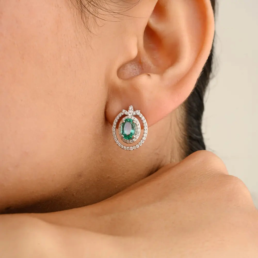 Natural Emerald & Diamond Solid K14 White Gold Stud Earrings Trending Jewelry