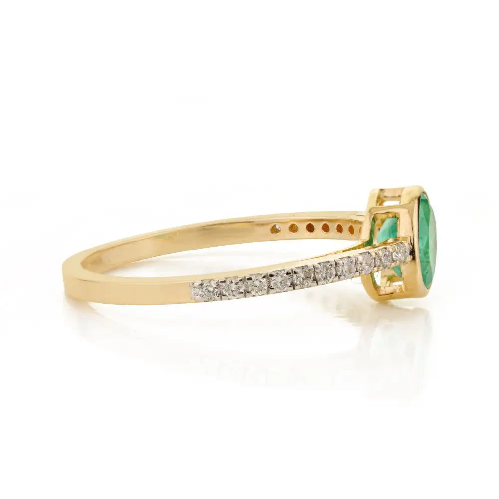 Simple Elegant 14K Real Yellow Gold Emerald & Diamond Stacking Engagement Ring For Unisex