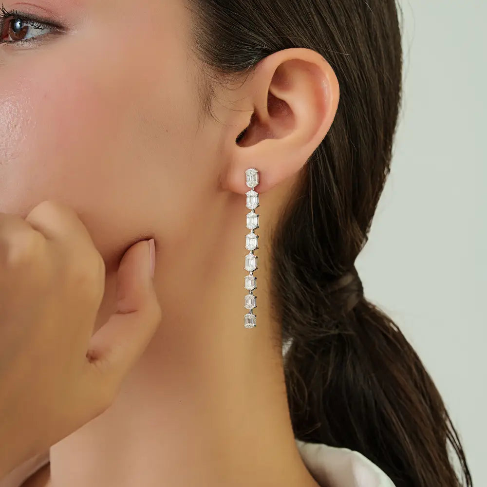 Luxurious 14K White Gold Natural Diamond Long Dangle Earrings Statement Bridal Jewelry