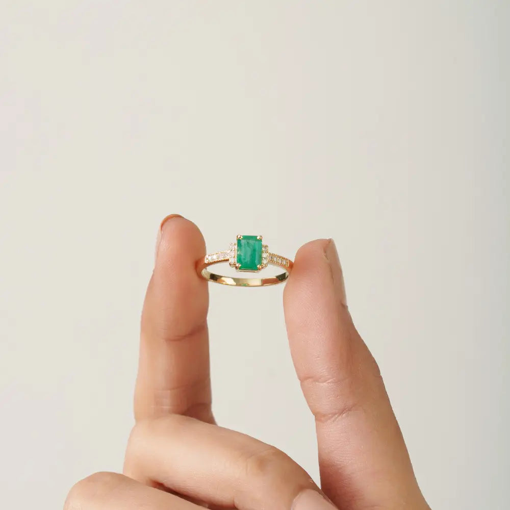 K14 Yellow Gold Handcrafted Emerald & Diamond Engagement Ring New Arrivals Jewelry