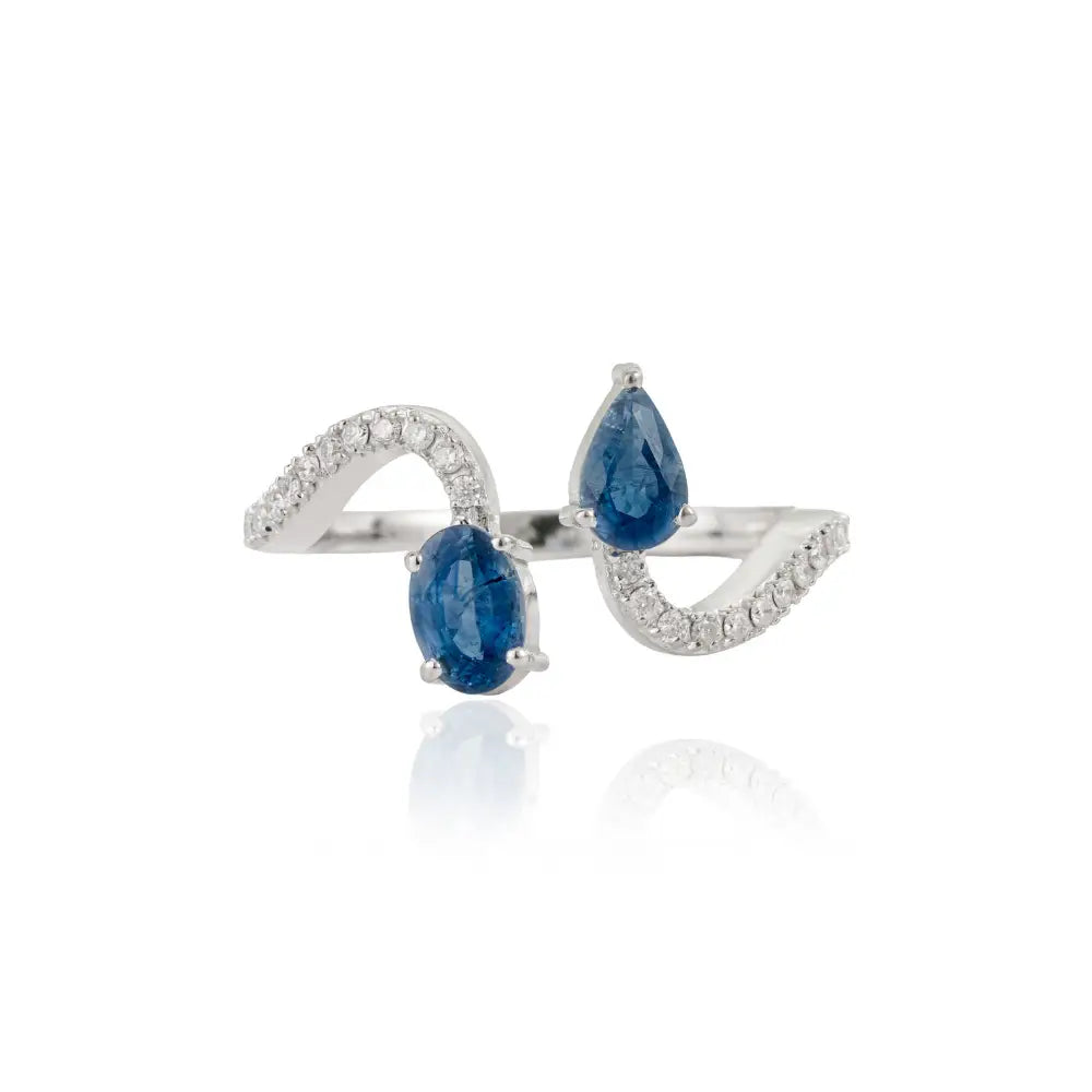 14K Real White Gold Blue Sapphire & Diamond Wavy Open Toi et Moi Ring Wedding Jewelry