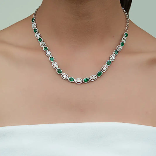 Zambian Emerald & Diamond Luxury Tennis Necklace 14K White Gold Bridal Jewelry Supplier