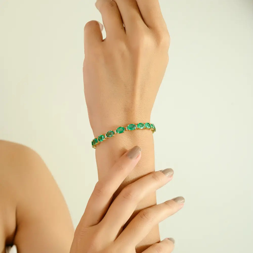 18K Pure Yellow Gold May Birthstone Zambian Emerald & Diamond Tennis Bracelet For Unisex