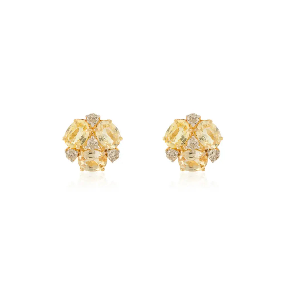 Minimal Simple Design 14K Solid Gold Yellow Sapphire & Diamond Three Stone Stud Earrings