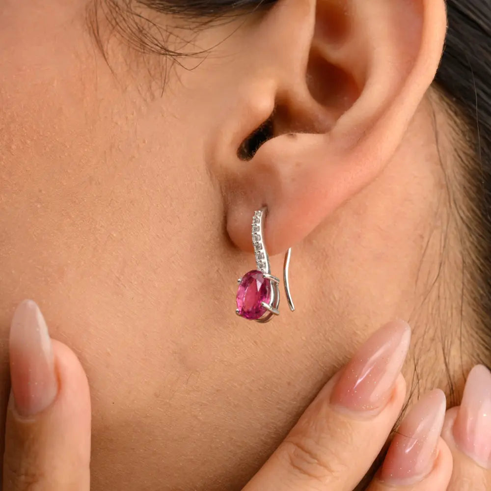 Semi Precious Gemstone Rubellite & Diamond Solid K14 White Gold Earrings