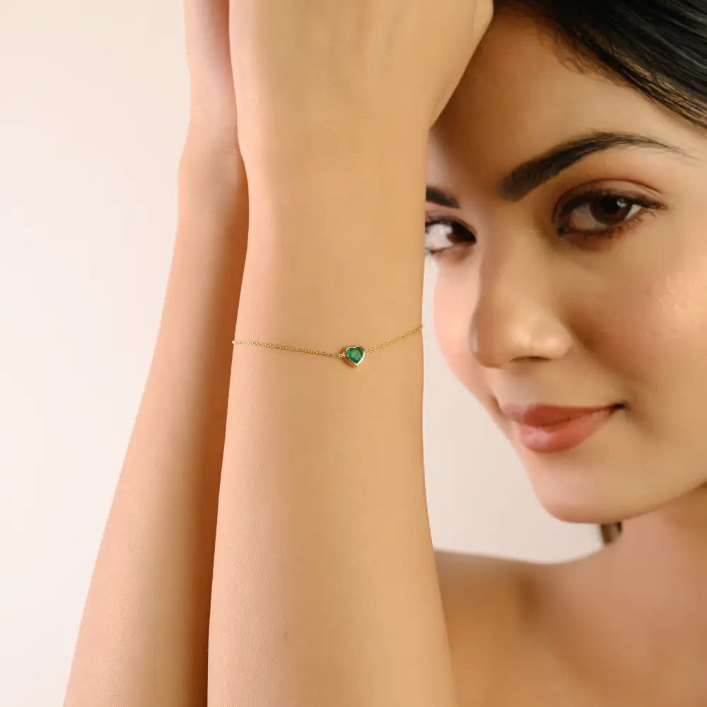 14K Solid Yellow Gold Natural Emerald Heart Shape Spring Lock Chain Bracelet Women Jewelry