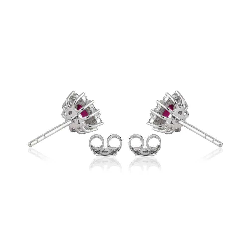 Solid 14K White Gold Heart Shape Ruby & Diamond Cluster Stud Earrings For Women & Girls