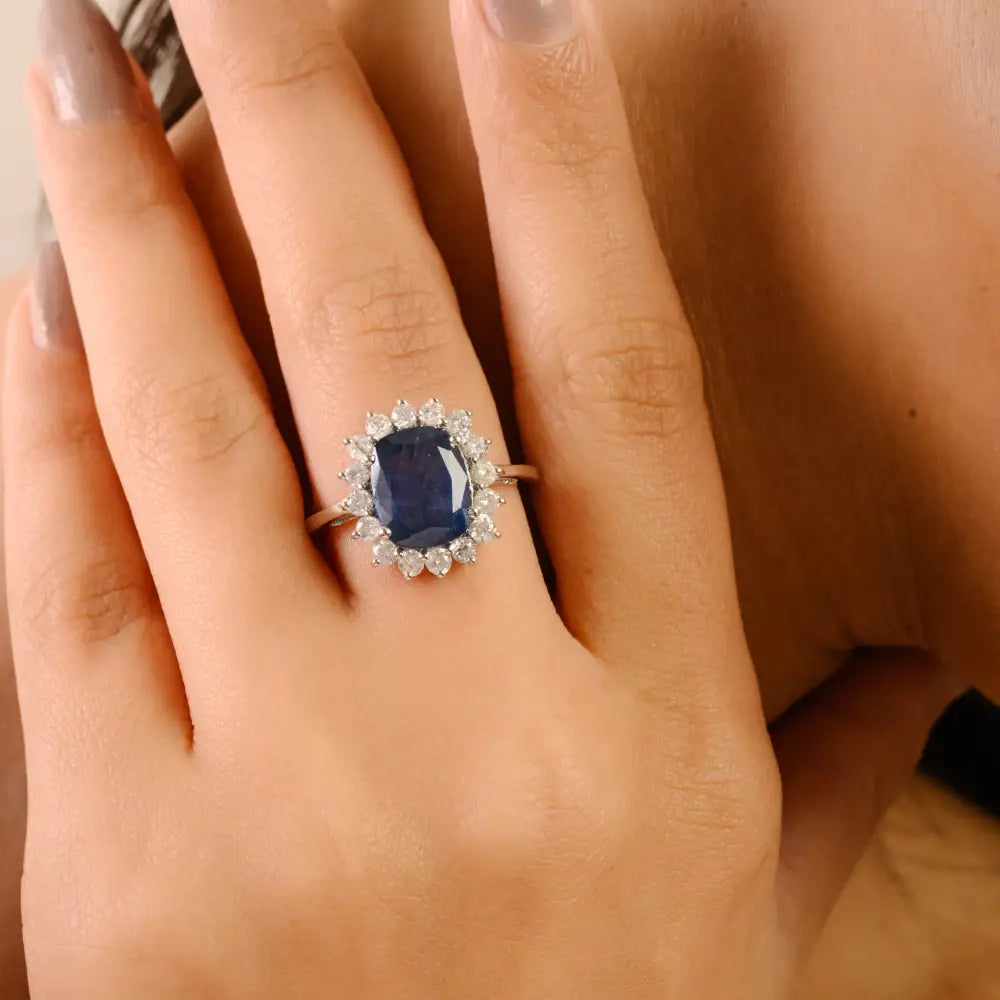 Top Quality 14K Real White Gold Blue Sapphire & Diamond Cluster Engagement Ring Women