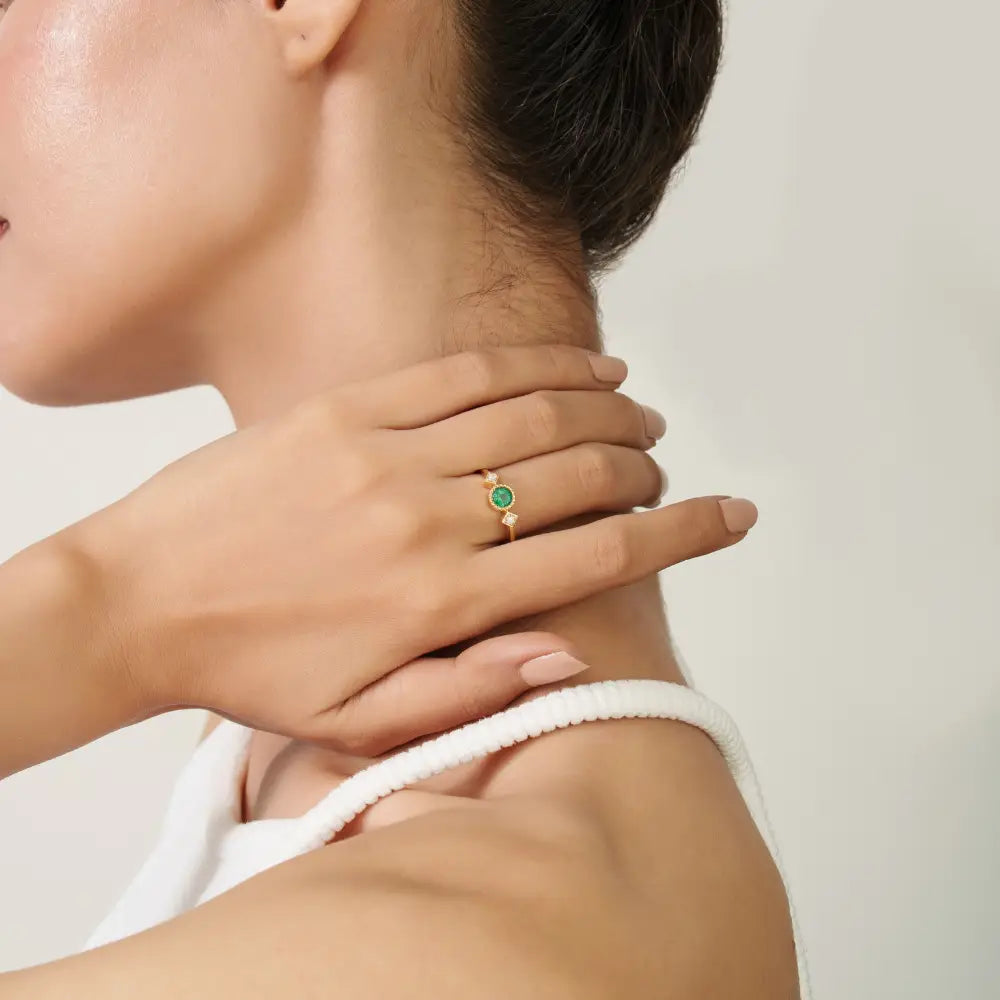 Dainty Emerald & Diamond K14 Pure Yellow Gold Three Stone Ring Stacking Jewelry For Women