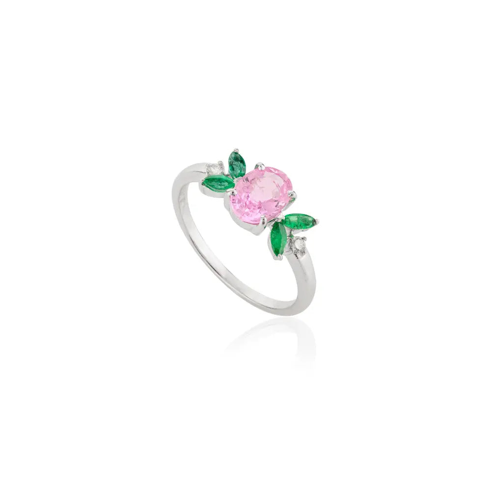 Emerald, Pink Sapphire & Diamond 14K Solid White Gold Ring Birthstone Jewelry