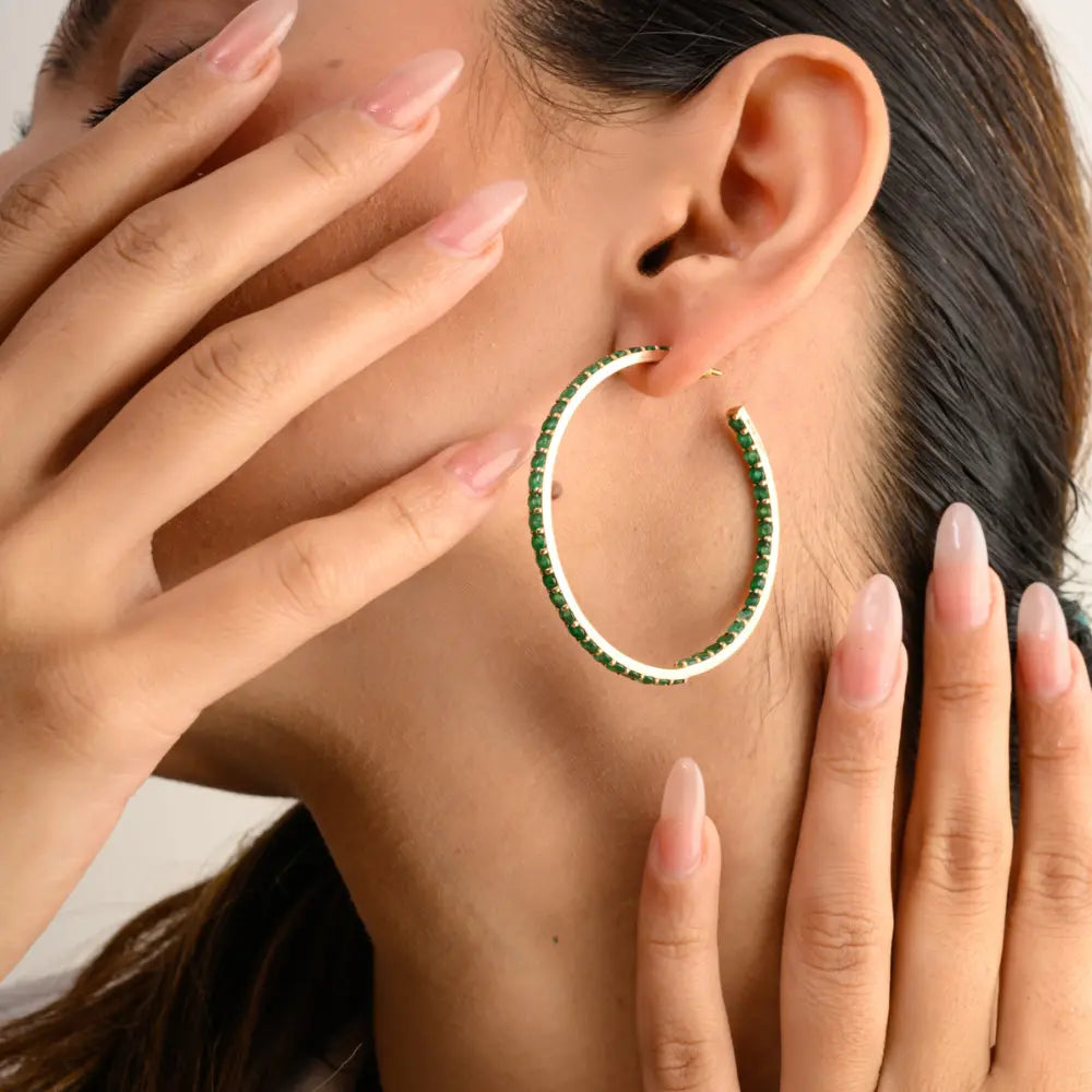 Birthstone Jewelry K14 Yellow Gold 100% Natural Emerald Hoop Earrings