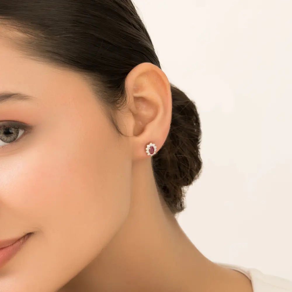 Minimal Real Ruby & Diamond 14K Yellow Gold Cluster Stud Earrings Daily Wear Jewelry