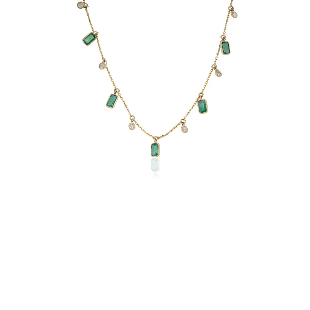 Beautiful Design 14K Pure Yellow Gold Emerald & Diamond Charm Chain Necklace For Women