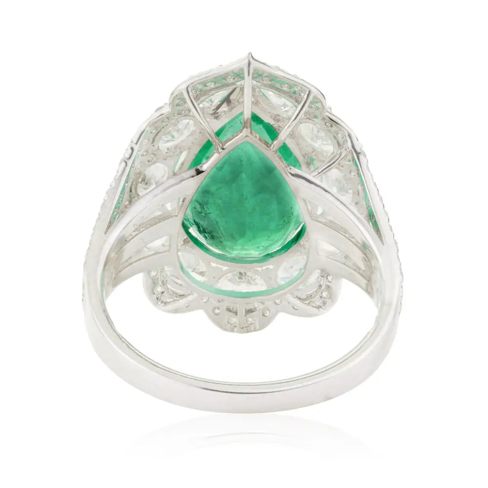 Luxurious 18K White Gold 5 Ct. Zambian Emerald & Diamond Triple Shank Cluster Ring Wedding