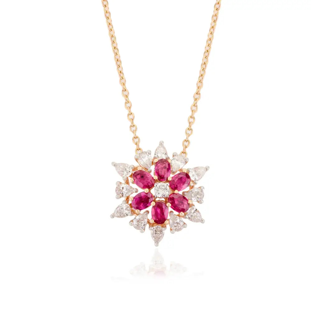 K18 Rose Gold Natural Ruby & Diamond Flower Shape Pendant Chain Necklace For Women