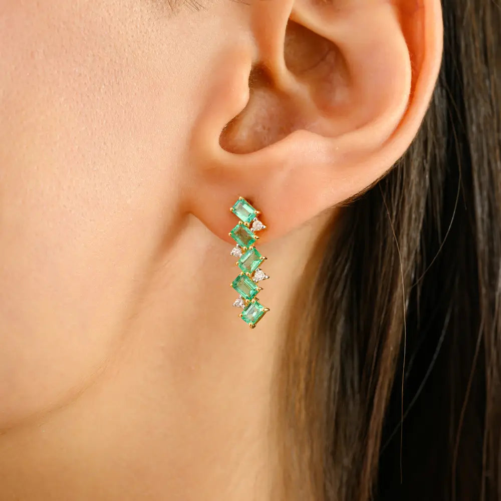 Octagon Cut Emerald & Round Diamond Zig Zag Shape Stud Earrings 14K Yellow Gold
