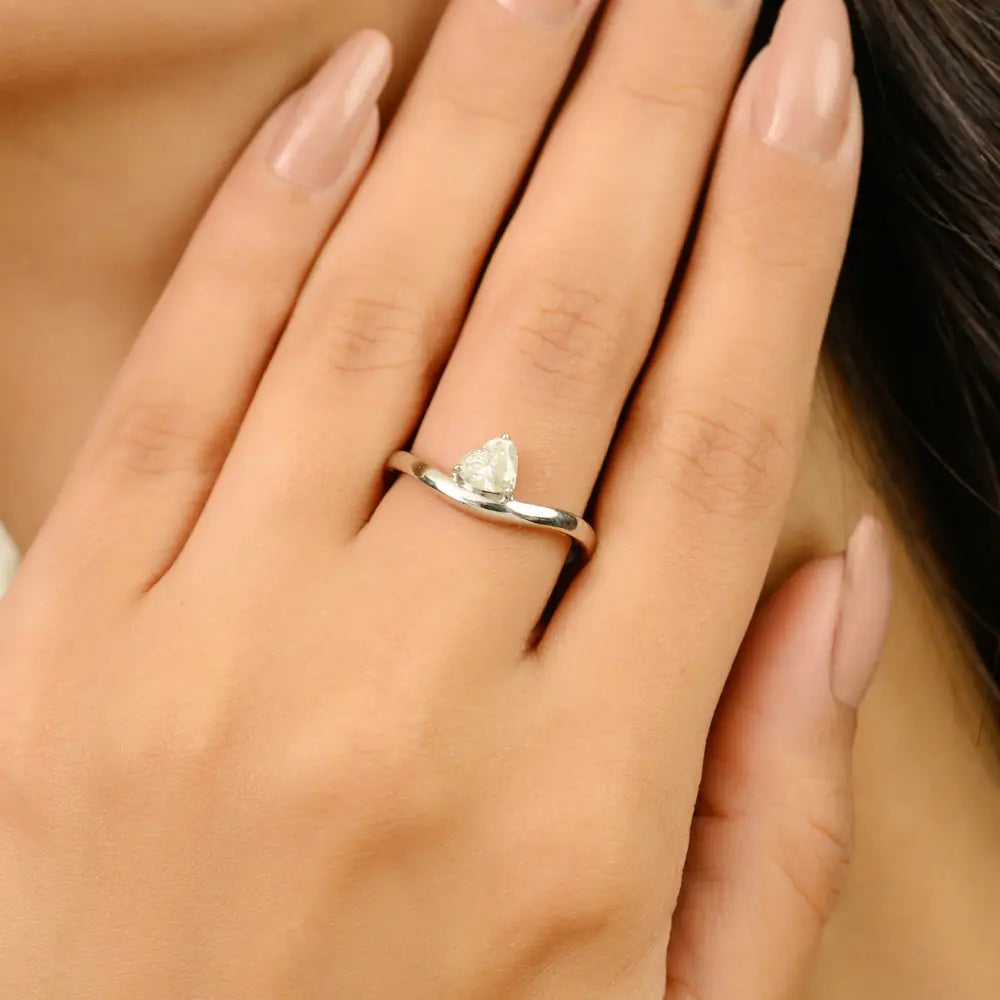Heart Shape Natural Diamond 14K White Gold Wave Shape Curve Solitaire Ring Designer Jewelry