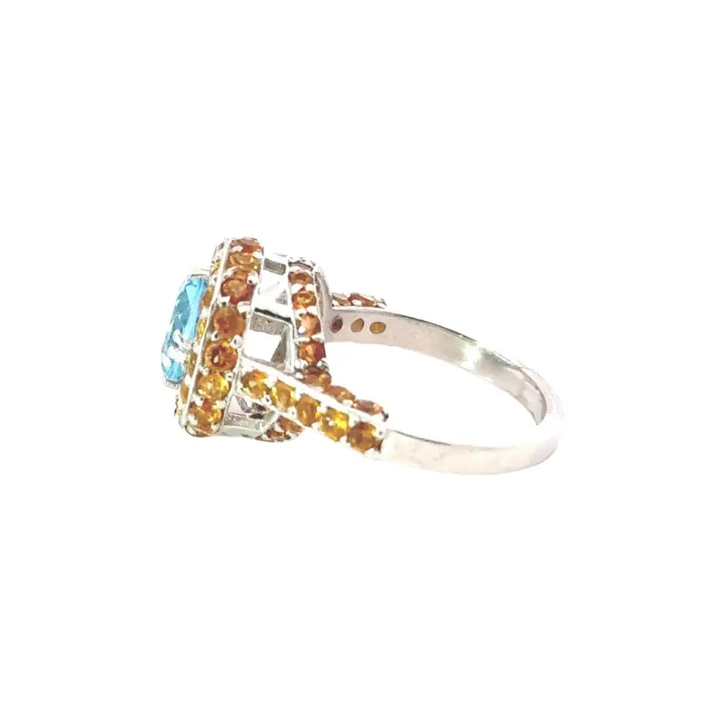 Fine Blue Topaz & Citrine Round Shape Gemstone Ring New Jewelry Collection 925 Sterling Silver