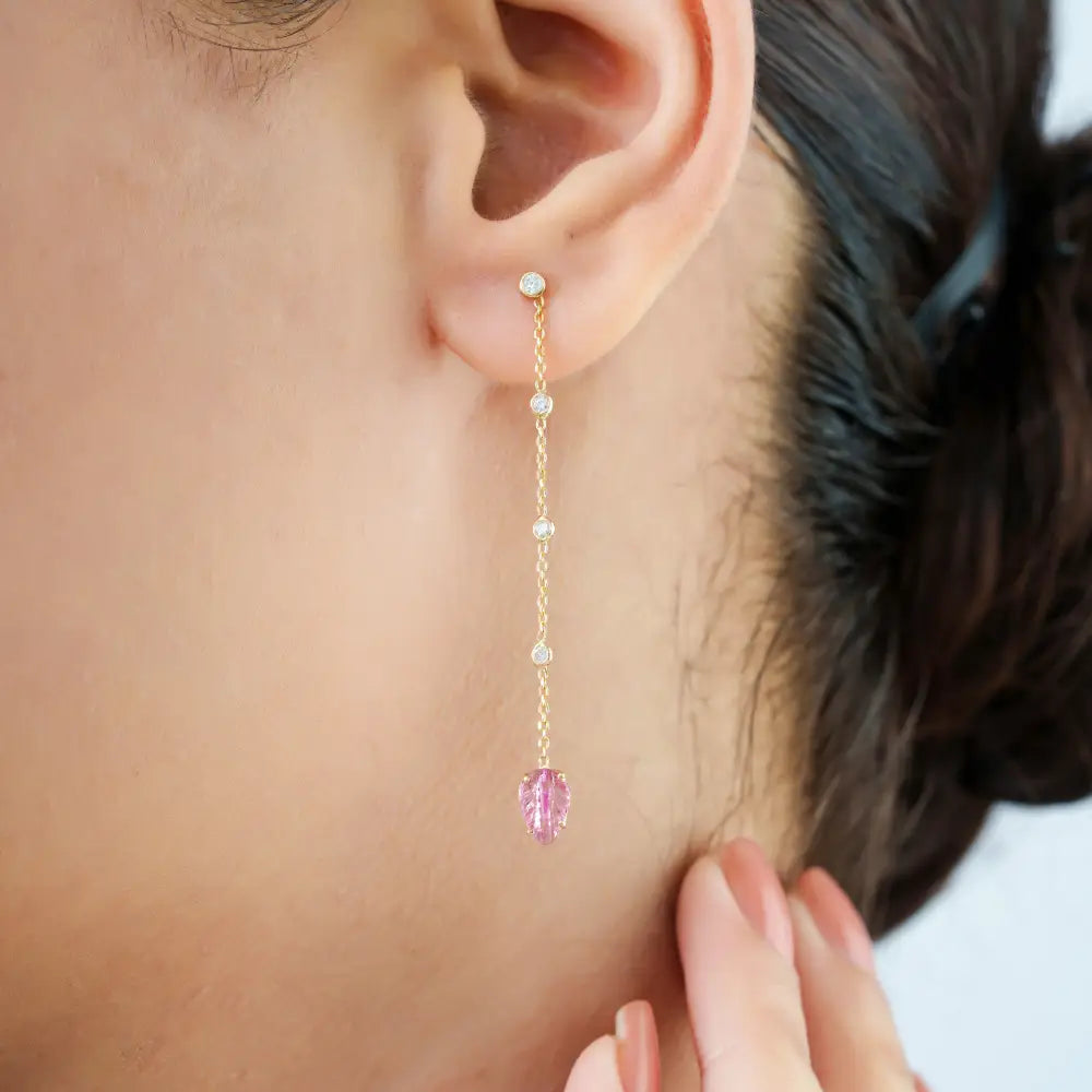 14K Yellow Gold Carving Leaf Shape Pink Tourmaline & Diamond Long Dangle Earrings