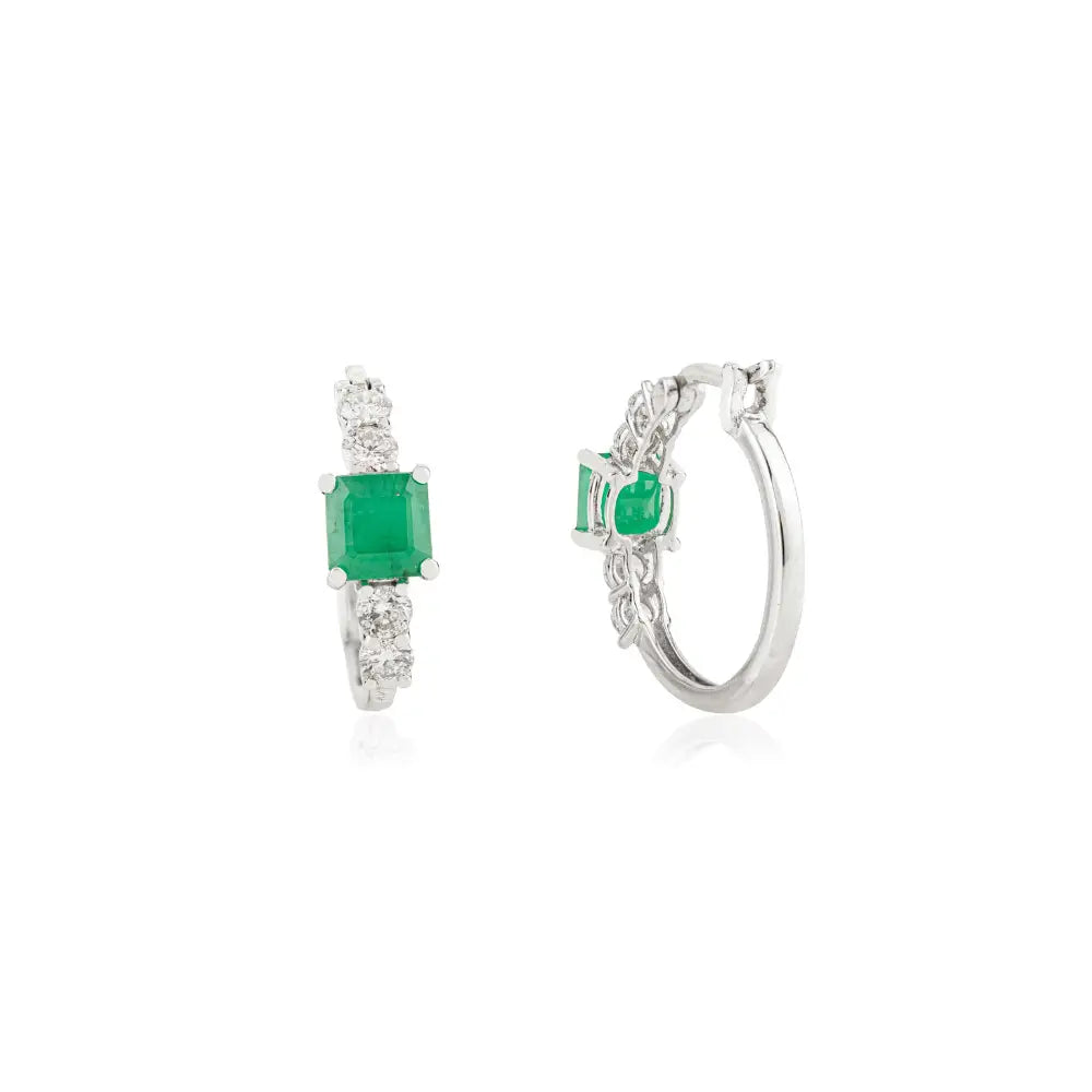 Prong Setting Emerald & Diamond K14 White Gold Everyday Hoop Earrings For Women Gift