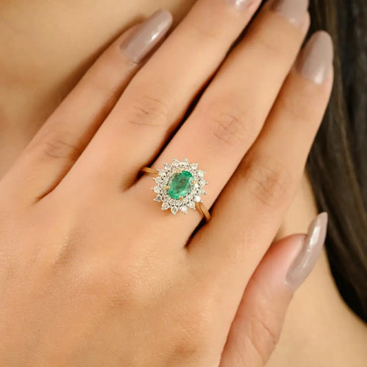 Best Selling Emerald & Diamond Double Cluster Ring Real 18K Yellow Gold Engagement Jewelry