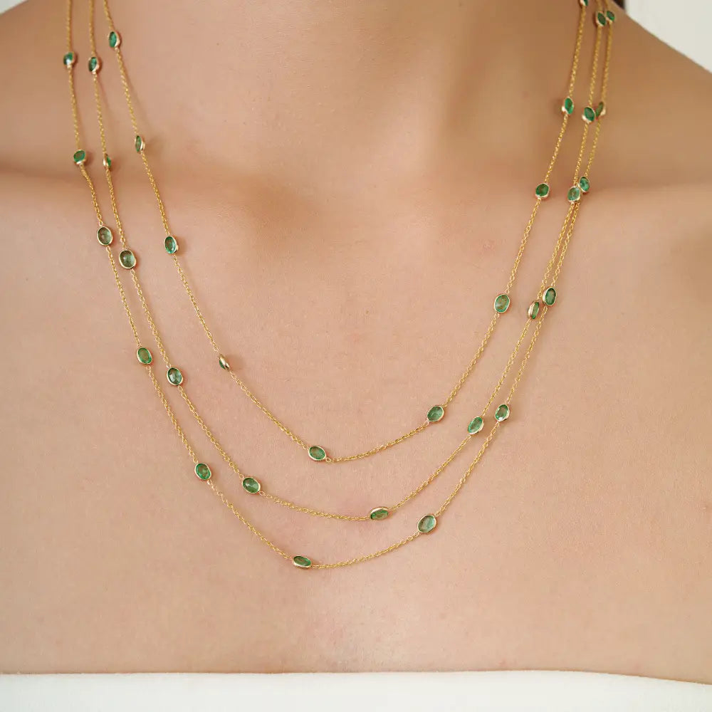 Luxury Women's Emerald Gemstone Triple Layer Station Chain Necklace 14K Yellow Gold