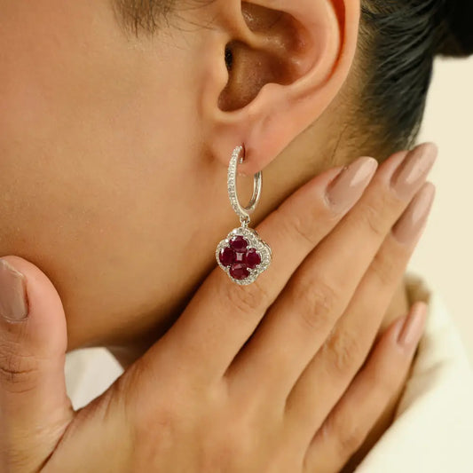 Ruby & Diamond K14 White Gold Hoop Drop Earrings Wedding Bridal Jewelry Wholesale