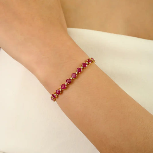 Round Cut Ruby & Diamond July Birthstone Tennis Bracelet For Christmas Gift 18K Gold
