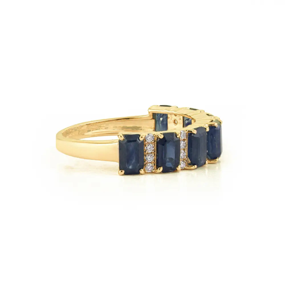 Latest Design K14 Yellow Gold Blue Sapphire & Diamond Half Eternity Band Ring Custom Jewelry
