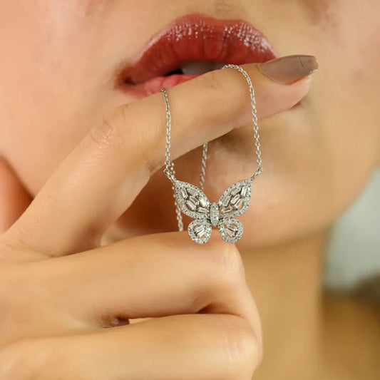 Natural Diamond Real 14K White Gold Butterfly Pendant Necklace Wedding Statement Jewelry
