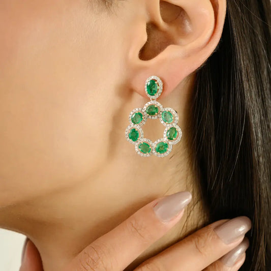 Floral Inspired Zambian Emerald & Diamond Statement Drop Earrings 18K Yellow Gold Fine Jewelry