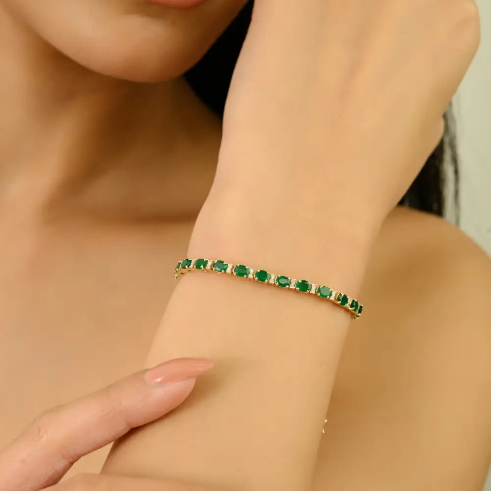 Stackable Box Lock Tennis Bracelet Featuring Emerald & Diamond 14K Solid Yellow Gold