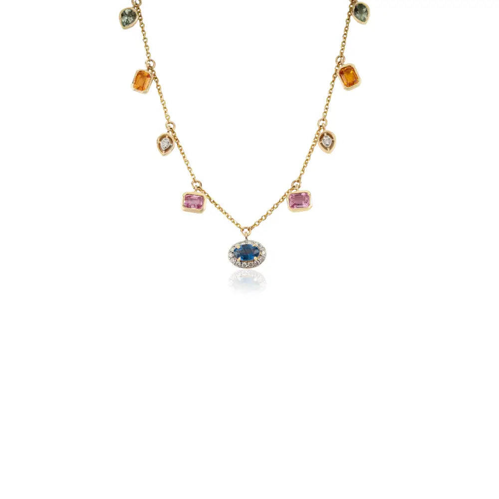 Colorful Gemstone Multi Sapphire & Diamond 14K Solid Yellow Gold Charm Chain Necklace