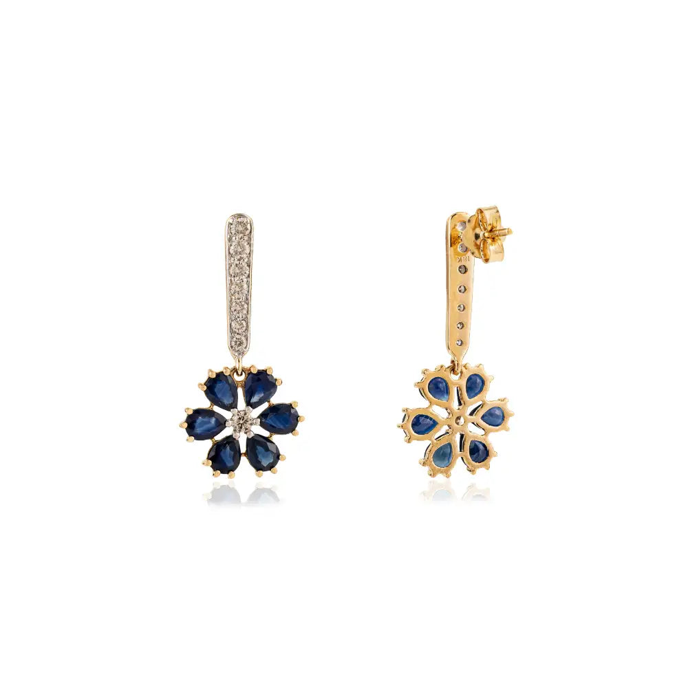Flower Design Blue Sapphire & Diamond Drop Earrings Designer 18K Yellow Gold Fine Jewelry
