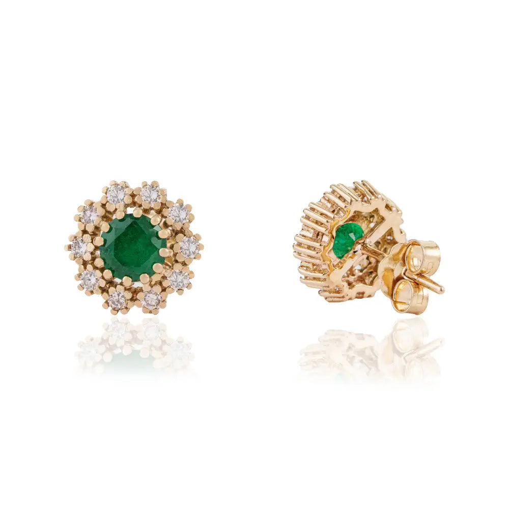 Flower Inspired Round Cut Emerald & Diamond Pure 14K Yellow Gold Stud Earrings For Girls
