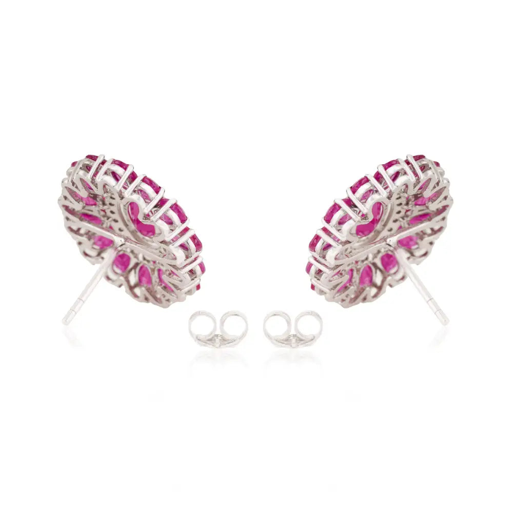 July Birthstone Ruby & Diamond Halo Big Flower Stud Earrings For Women 14K White Gold