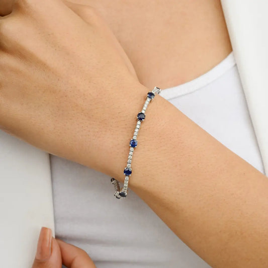 100% Natural Blue Sapphire & Diamond Solid 18K White Gold Tennis Bracelet